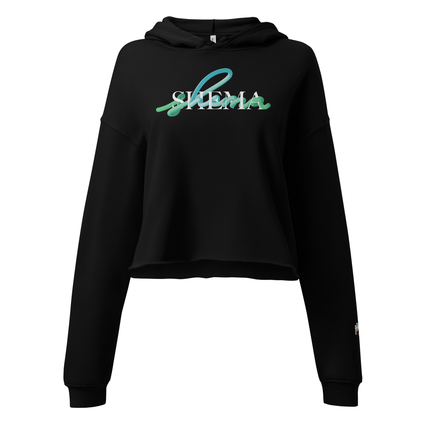 A black cropped hoodie sweatshirt with a 'SHEMA' graphic printed across the chest in teal and white, shown against a plain white background.