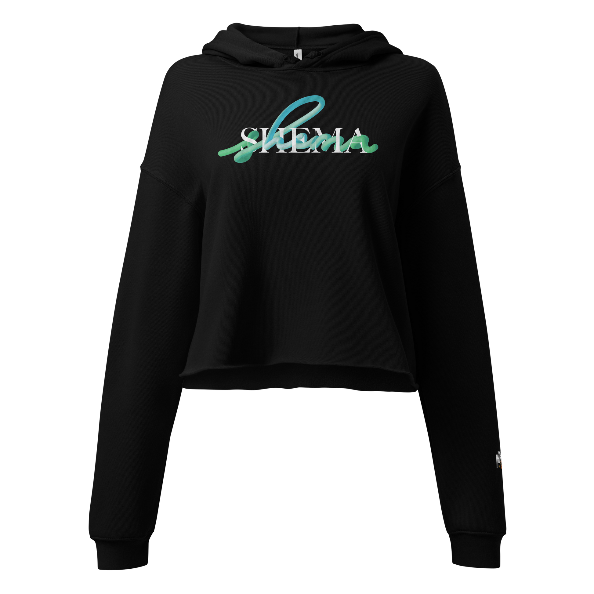 A black cropped hoodie sweatshirt with a 'SHEMA' graphic printed across the chest in teal and white, shown against a plain white background.