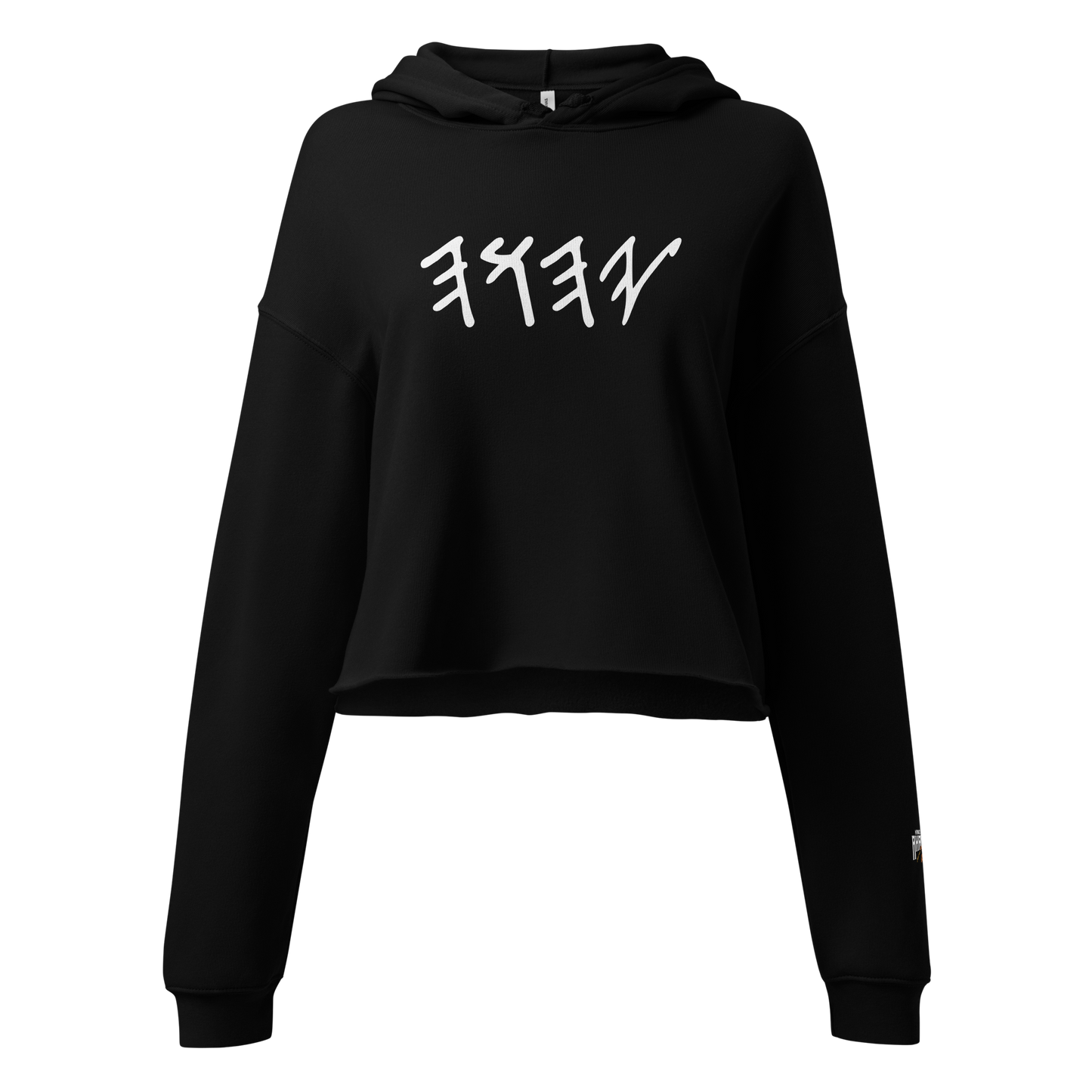A black cropped hoodie sweatshirt with a white stylized graphic printed across the chest, displayed on a clean white background.