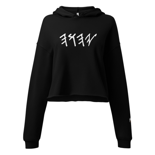 A black cropped hoodie sweatshirt with a white stylized graphic printed across the chest, displayed on a clean white background.